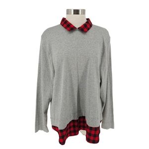 J.CREW Woven Collar Sweater Gray Buffalo Plaid Long Sleeve Knit Pullover 3X